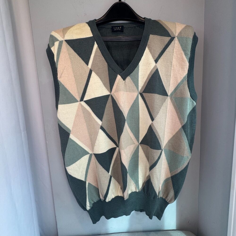 Men's Como Sport Wool & Silk Blend Argyle Sweater - Soft Fern Green/Cream